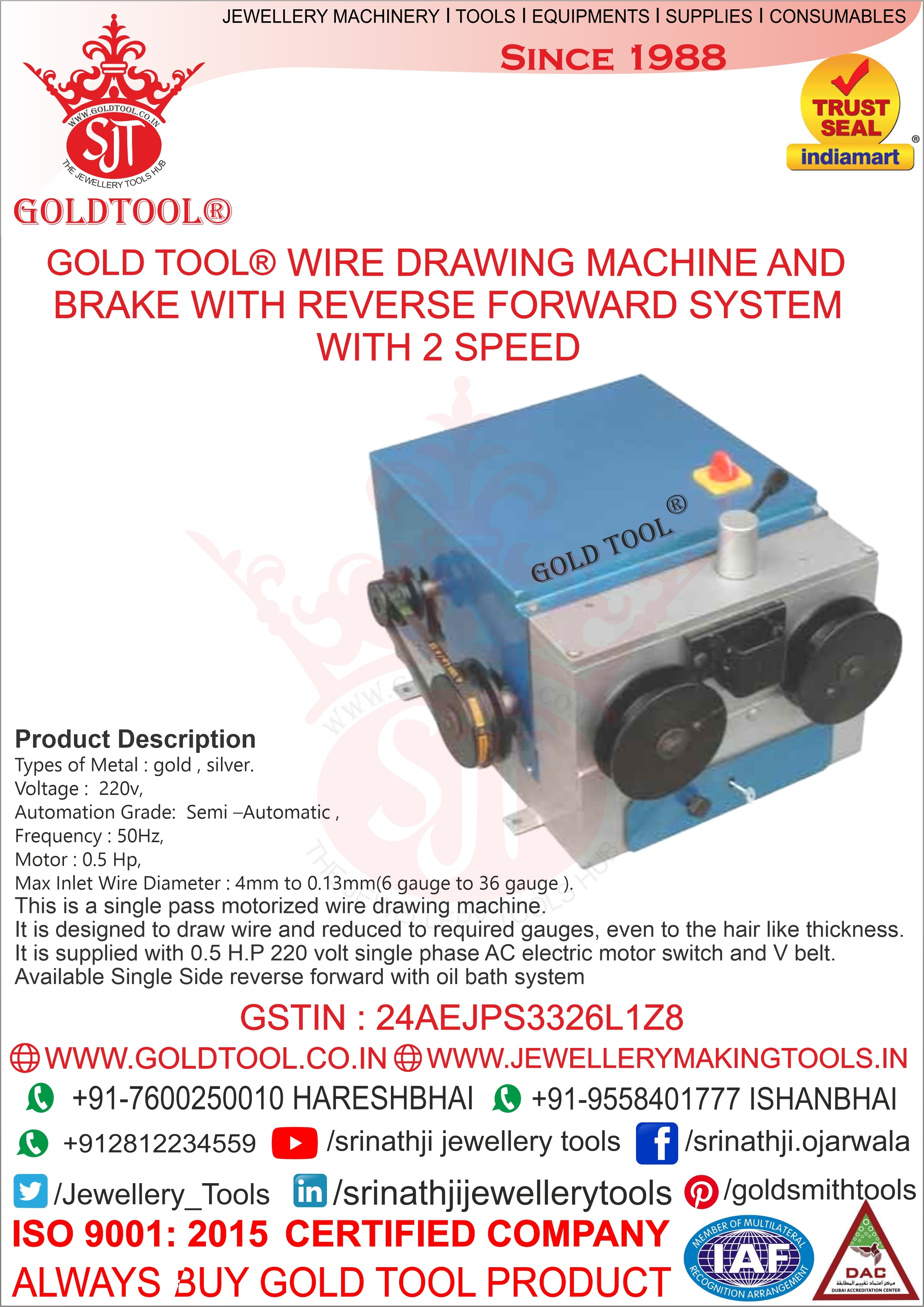 Jewellery Wire Drawing Machine - Mild Steel, Max Inlet Diameter 3-6 Mm, 0.5 Hp Motor | Eco-friendly, High Efficiency, Low Noise, Simple Control