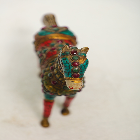 Bronze Stone Work Animals - Solid Brass 22x5x21 Cm, Turquoise Mosaic Inlay, Handcrafted Figurine