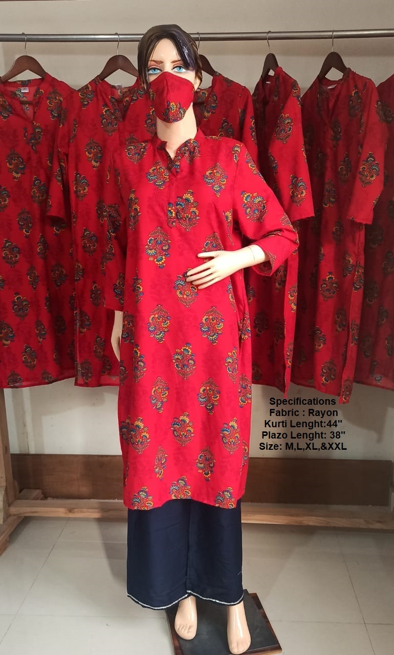 Rayon Printed Kurti - Pure Cotton Ethnic Attire With 40" Length, 38" Plazo & 2.5 Mt Dupatta | Dry Clean, Washable, Classic 3-4th Sleeve, Summer-winter Friendly
