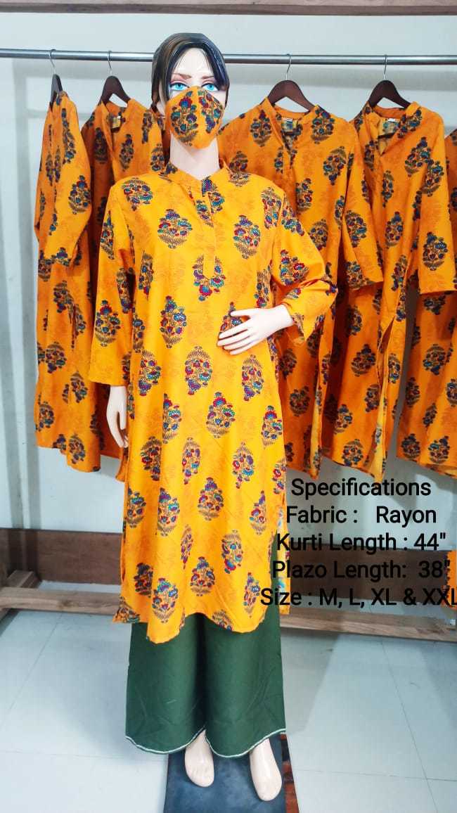 Rayon Printed Kurti - Pure Cotton Ethnic Attire With 40" Length, 38" Plazo & 2.5 Mt Dupatta | Dry Clean, Washable, Classic 3-4th Sleeve, Summer-winter Friendly