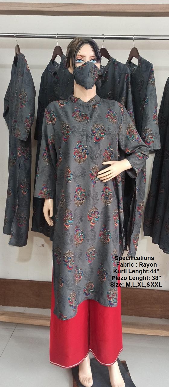 Rayon Printed Kurti - Pure Cotton Ethnic Attire With 40" Length, 38" Plazo & 2.5 Mt Dupatta | Dry Clean, Washable, Classic 3-4th Sleeve, Summer-winter Friendly