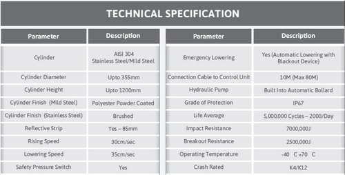 Avtech Crash Rated Bollards - Ss304 Steel, 355 Mm Diameter X 1200 Mm Height | Hydraulic Powered, Anti-terrorism Security Solution