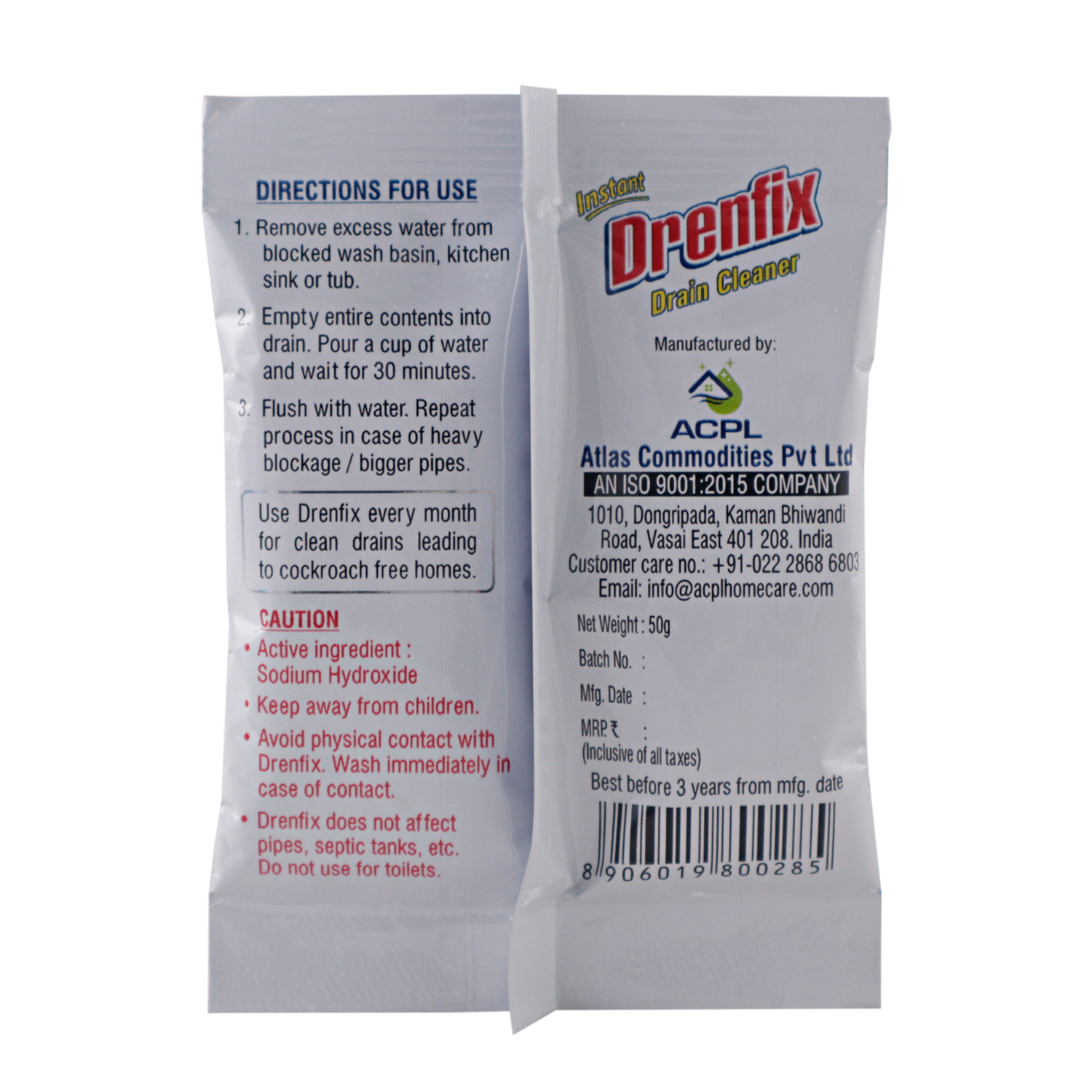 Drenfix Drain Cleaner Powder - 50g Pouch | White Powder Prevents Blockages Extends Drain Lifespan Easy-to-use Acid Hydrolysis Formula
