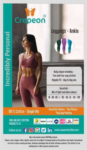 Crepeon Womens Legging Ankle - Cotton Lycra, 4-way Stretch, Mid Waist, Solid Color Options In Skin, Black, Blue, Maroon, Perfect For Casual Wear