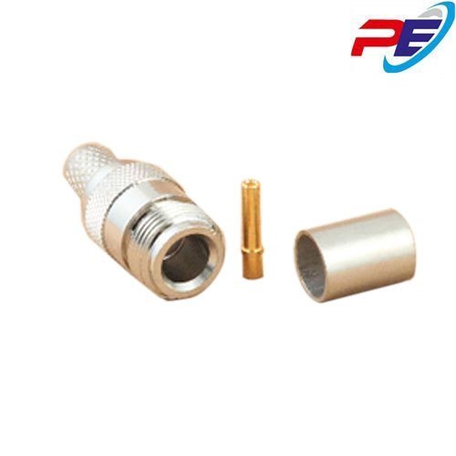 RG Type N Female Crimp Connector - Brass Material, 1" Thread Size, Silver Color | Nickel Plated, 50-75 Ohm Impedance