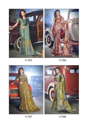 Retro By Triveni - Moss Chiffon Party Wear Printed Saree with Zari Foil Work | Traditional Bollywood Style, Perfect for All Seasons