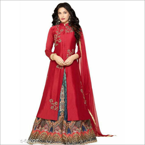 Maroon Ladies Semi Stitched Skirt Suit