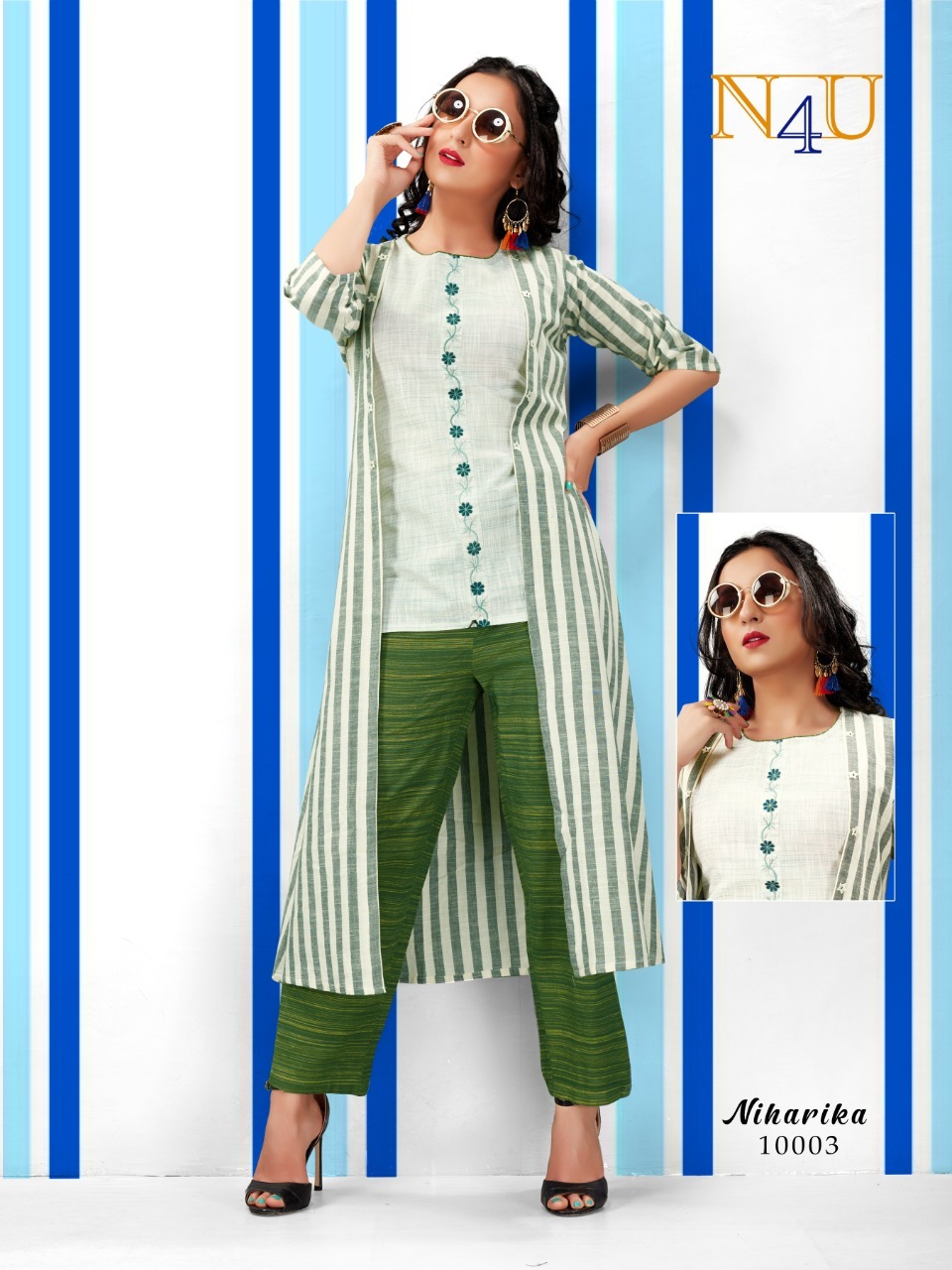 Niharika - Rayon Foil Print Jacket With South Cotton Top And Pant Set Washable 3-4th Sleeve Striped Pattern For Ladies In Sizes M L Xl 2xl