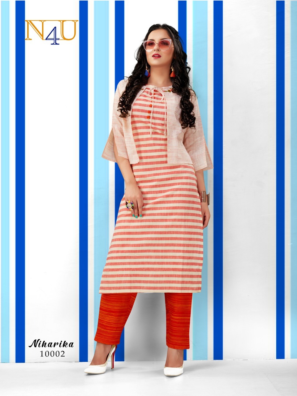 Niharika - Rayon Foil Print Jacket With South Cotton Top And Pant Set Washable 3-4th Sleeve Striped Pattern For Ladies In Sizes M L Xl 2xl