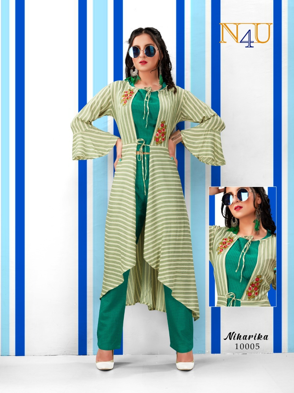 Niharika - Rayon Foil Print Jacket With South Cotton Top And Pant Set Washable 3-4th Sleeve Striped Pattern For Ladies In Sizes M L Xl 2xl