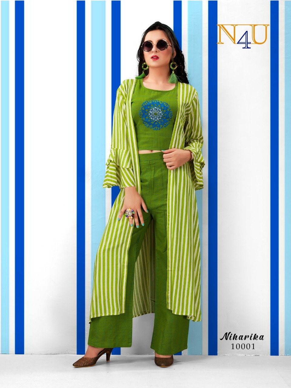 Niharika - Rayon Foil Print Jacket With South Cotton Top And Pant Set Washable 3-4th Sleeve Striped Pattern For Ladies In Sizes M L Xl 2xl