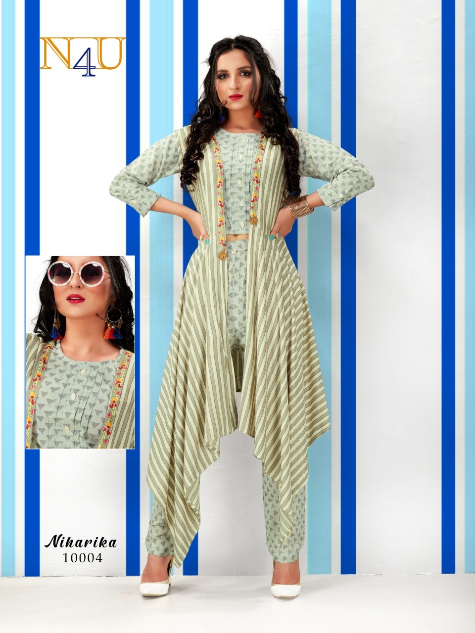 Niharika - Rayon Foil Print Jacket With South Cotton Top And Pant Set Washable 3-4th Sleeve Striped Pattern For Ladies In Sizes M L Xl 2xl