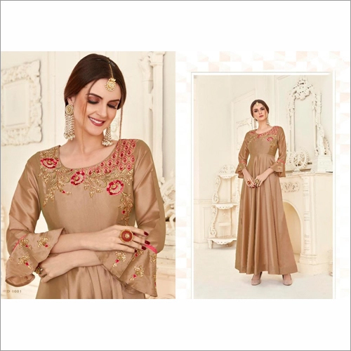 वॉशेबल सॉफ्ट टाफेटा सिल्क हैवी वर्क पार्टी वियर गोल्डन गाउन