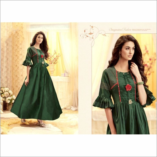Washable Tapeta Satin With Handwork Bell Sleeve Party Wear Gown
