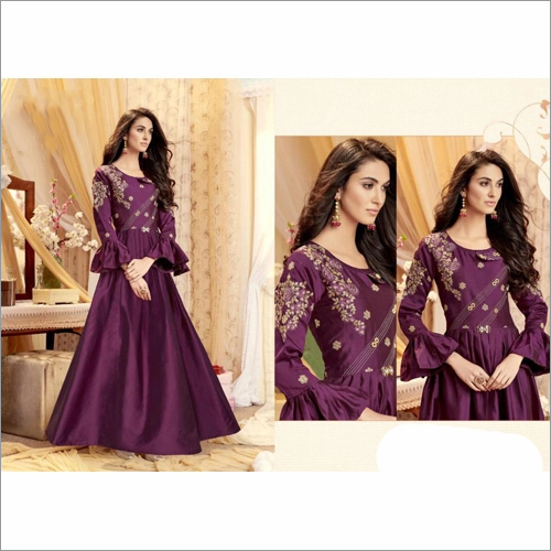 वॉशेबल टपेटा सैटिन वायलेट कलर पार्टी वियर गाउन