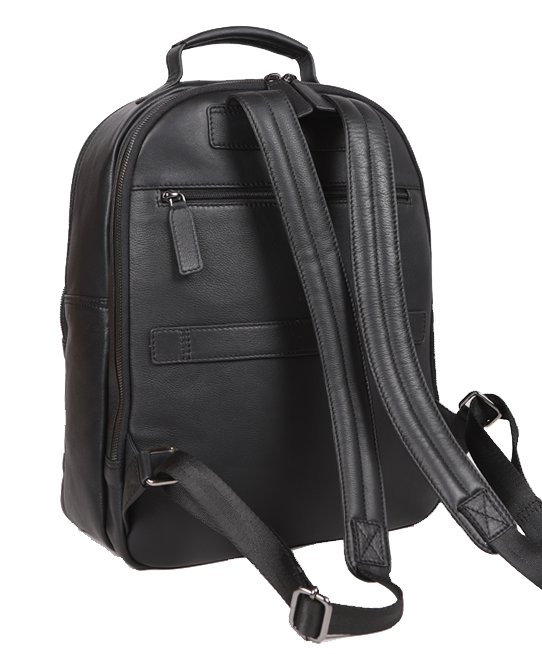 Mens Black Leather Bag - 40x30x10 Cm | Zip Closure, Lightweight Design, Adjustable Back Straps, Multiple Compartments