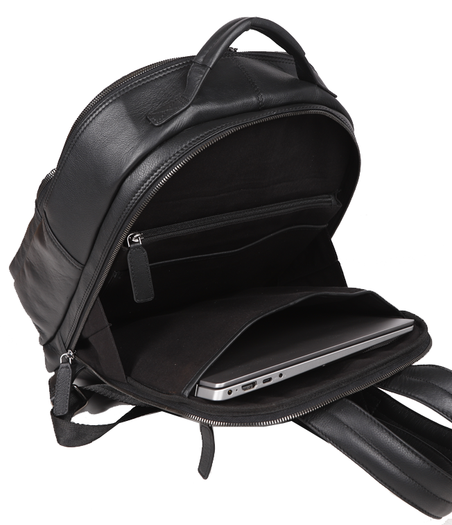 Mens Black Leather Bag - 40x30x10 Cm | Zip Closure, Lightweight Design, Adjustable Back Straps, Multiple Compartments
