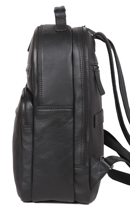 Mens Black Leather Bag - 40x30x10 Cm | Zip Closure, Lightweight Design, Adjustable Back Straps, Multiple Compartments