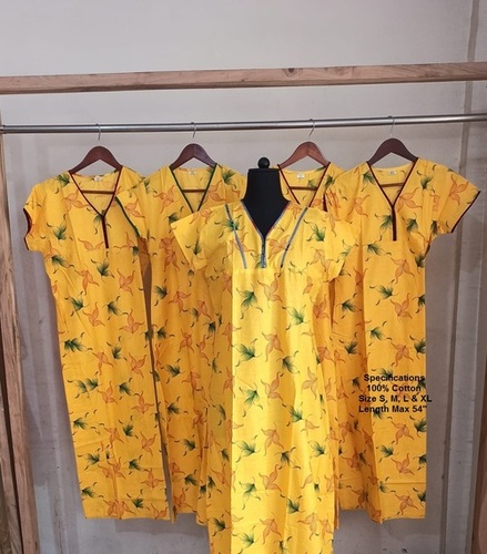 Cotton Nighty - Cotton Material, Sleeveless Nightgown , Yellow Color with Printed Design for Women