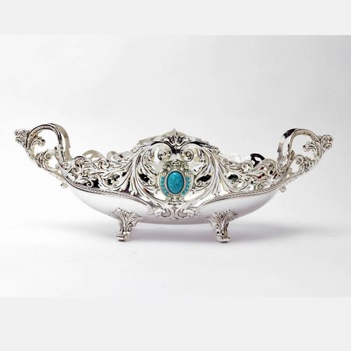Oval Antique Stone Studded Silver Bowl, Size- Large
