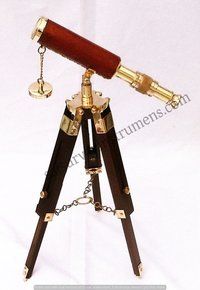 10 Inch Nautical Brass Leather Sheltered Telescope With Wooden Tripod Stand View Angle: Straight