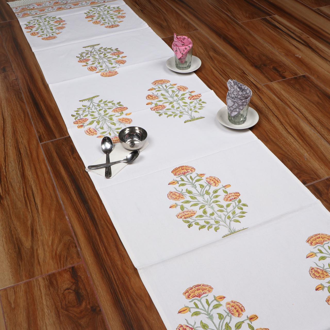 Hand Block Printed Cotton Runner - 20x60 Inches | Vibrant Color Contrasts, Durable Fabric, Elegant Design Motifs For Home Furnishing