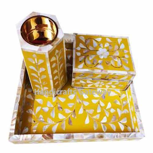 Mother Of Pearl Bakhoor Set - Handmade, Yellow, Size As Per Buyer Request | First Grade, Natural Sea Shell Material, Polished Finish
