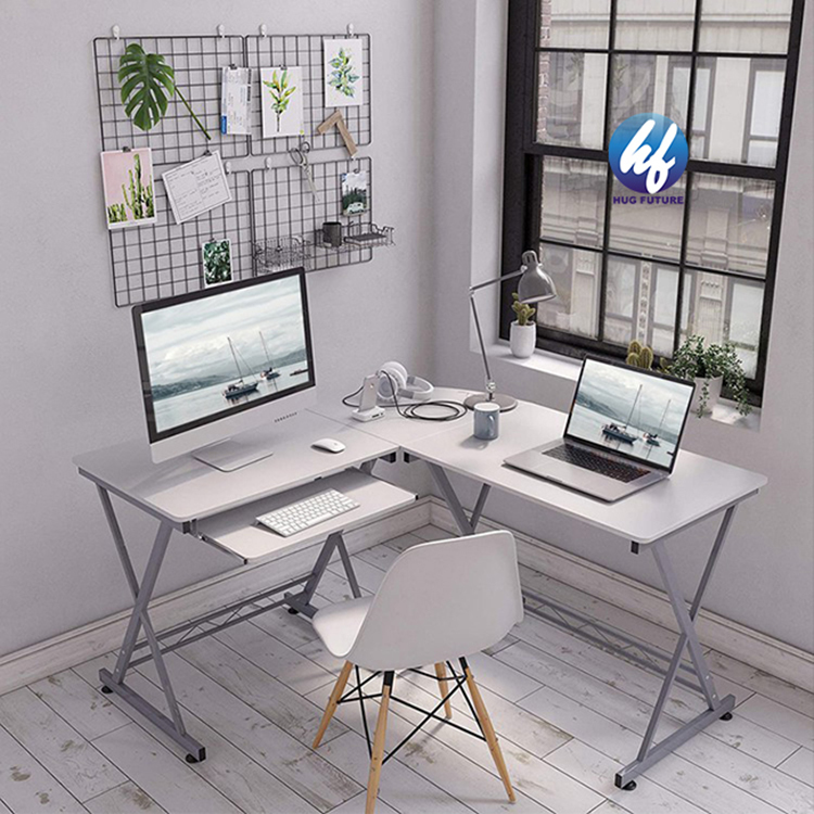 Steel Frame+mdf Board L Shaped Corner Height Adjustable White Wood Custom Made Computer Desk