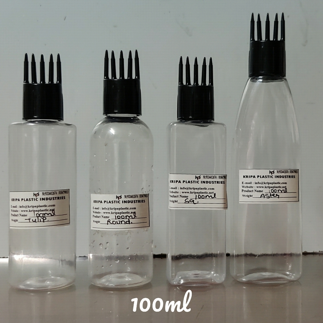 Plastic Oil Bottle - Plastic Material, 50ml & 100ml Sizes, Transparent Color, Available In Tulip, Round, Square, Aster Shapes | Comb Cap For Easy Dispensing