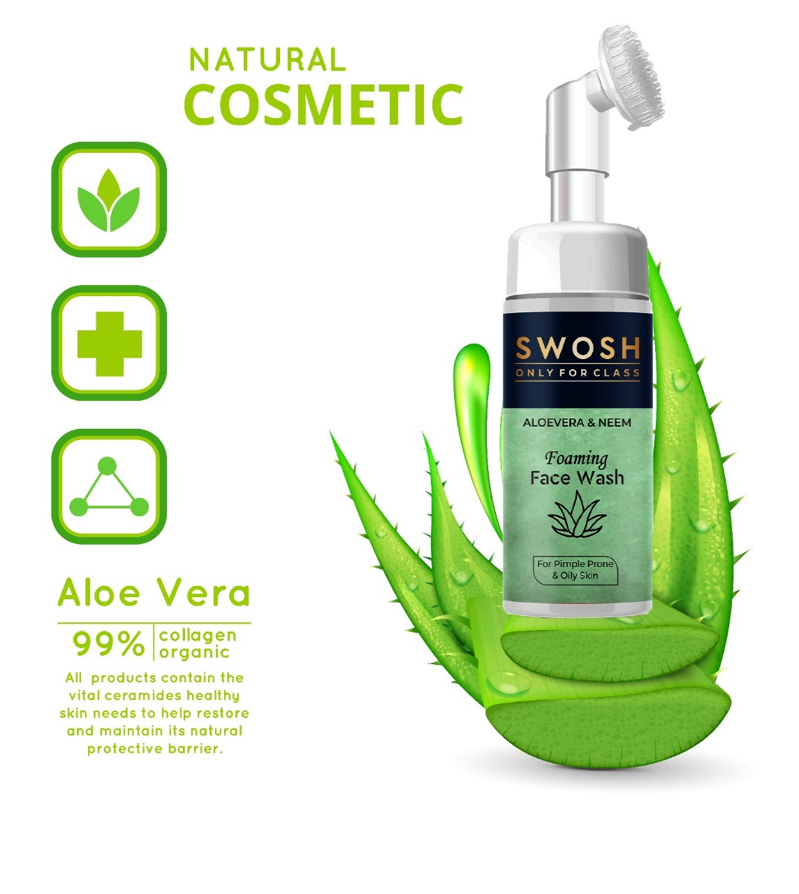 Swosh Aloe Vera & Neem Foaming Face Wash  (With Built-in Face Brush)