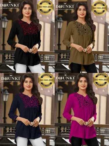 Dhunki Designer Top - Heavy Rayon Fabric, Size M(36) & XL(40), 3/4 Sleeves, Self Design with Embroidery Work, Available in 4 Stylish Colors