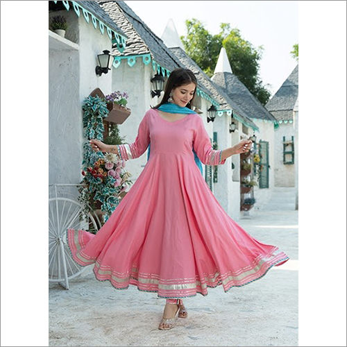 Indian Ladies Rayon Rose Pink Kurta Dupatta Set