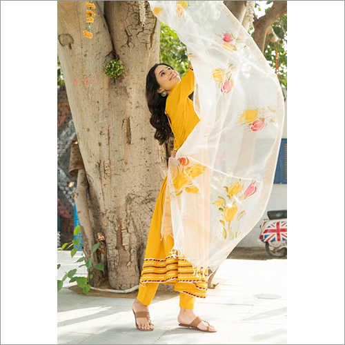 Washable Ladies Dandelion Yellow Kurta Set With Floral Hand Paint Organza Dupatta