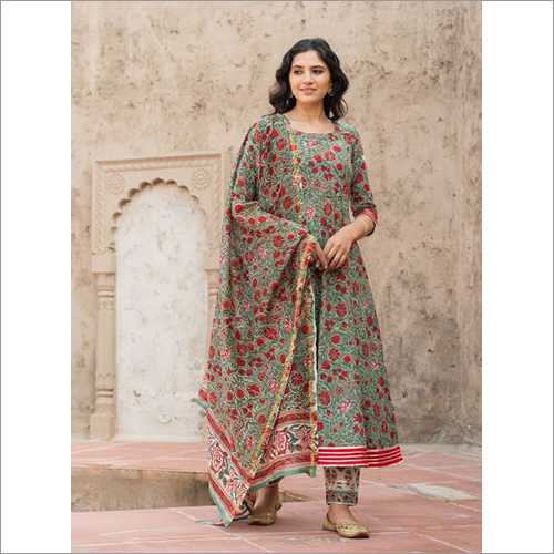 Available In Different Color Ladies Forest Green Hand Block Print Kurta Set With Chanderi Dupatta Set