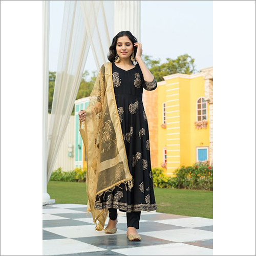 Indian Ladies Black Hand Block Gold Print Kurta Dupatta Set