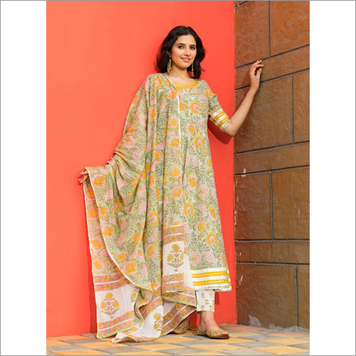 Indian Ladies Pastel Green Floral Hand Block Print Kurta Dupatta Set