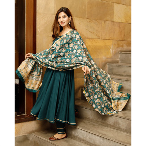 Ladies Teal Green Solid Flared Kurta Set With Hand Block Print Chanderi Dupatta Decoration Material: Beads