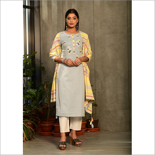 Ladies Light Grey Designer Salwar Kameez Dupatta Set - Cotton, Embroidered Pattern, Washable | Comfortable Fit, Ethnic Style for All Seasons