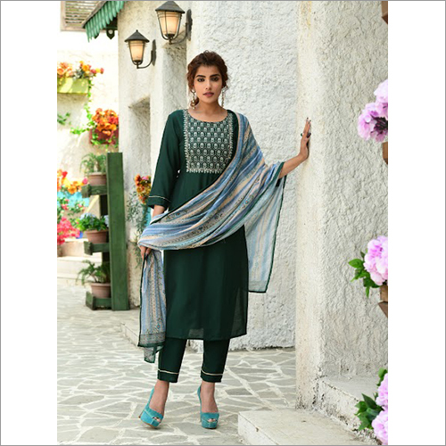 Indian Ladies Dark Green Designer Readymade Salwar Kameez Dupatta Set