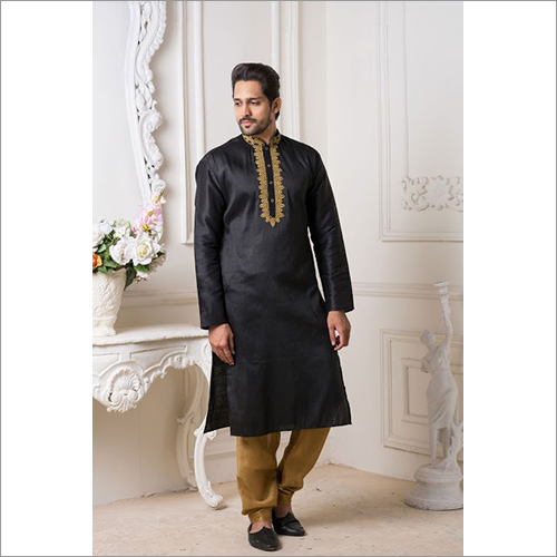 Black Mens Melbone Silk Kurta Pyjama