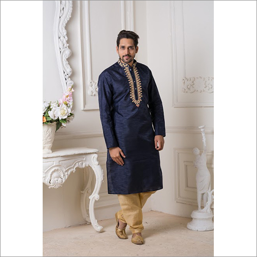 Indian Mens Dark Blue Mysore Silk Kurta Pyjama