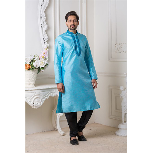 Blue Mens Designer Silk Kurta Pyjama