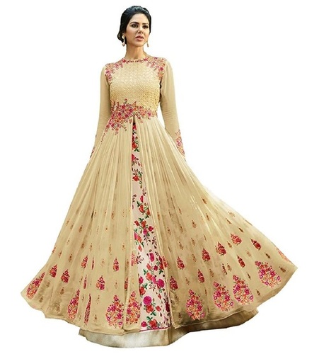 Indian Attractive Georgette Embroidered Semi Stitched Ethnic Gown (69-cream)