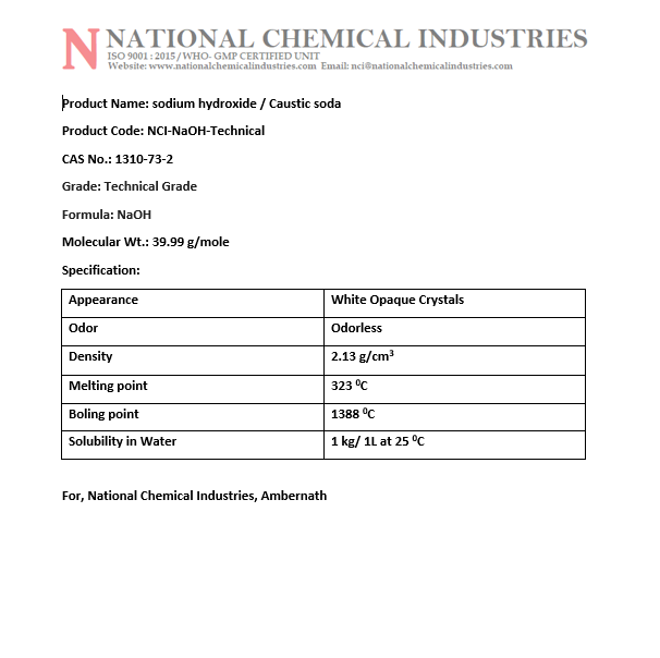 Caustic Soda Technical Grade Application: Water Treatment