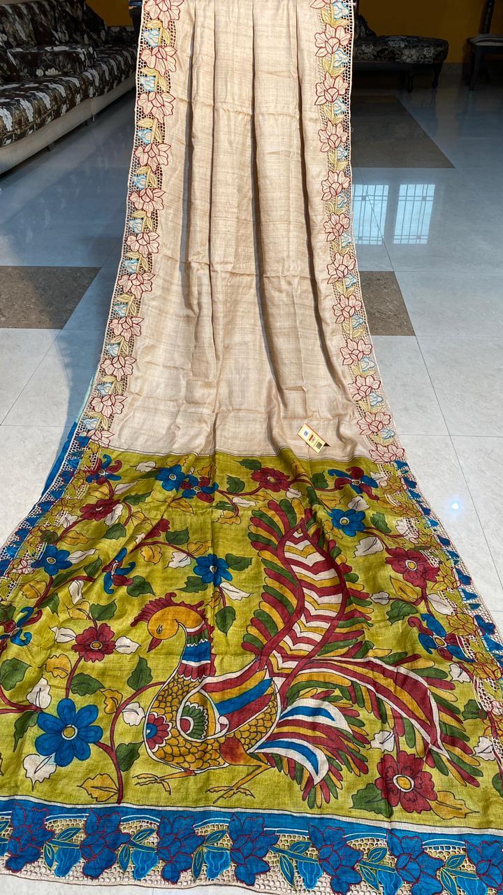Pure Tussar Silk Cut Work Saree With Pen Kalamkari Hand Painted Pallu - Elegant Full Painted Blouse , Ideal For Party Wear Throughout All Seasons