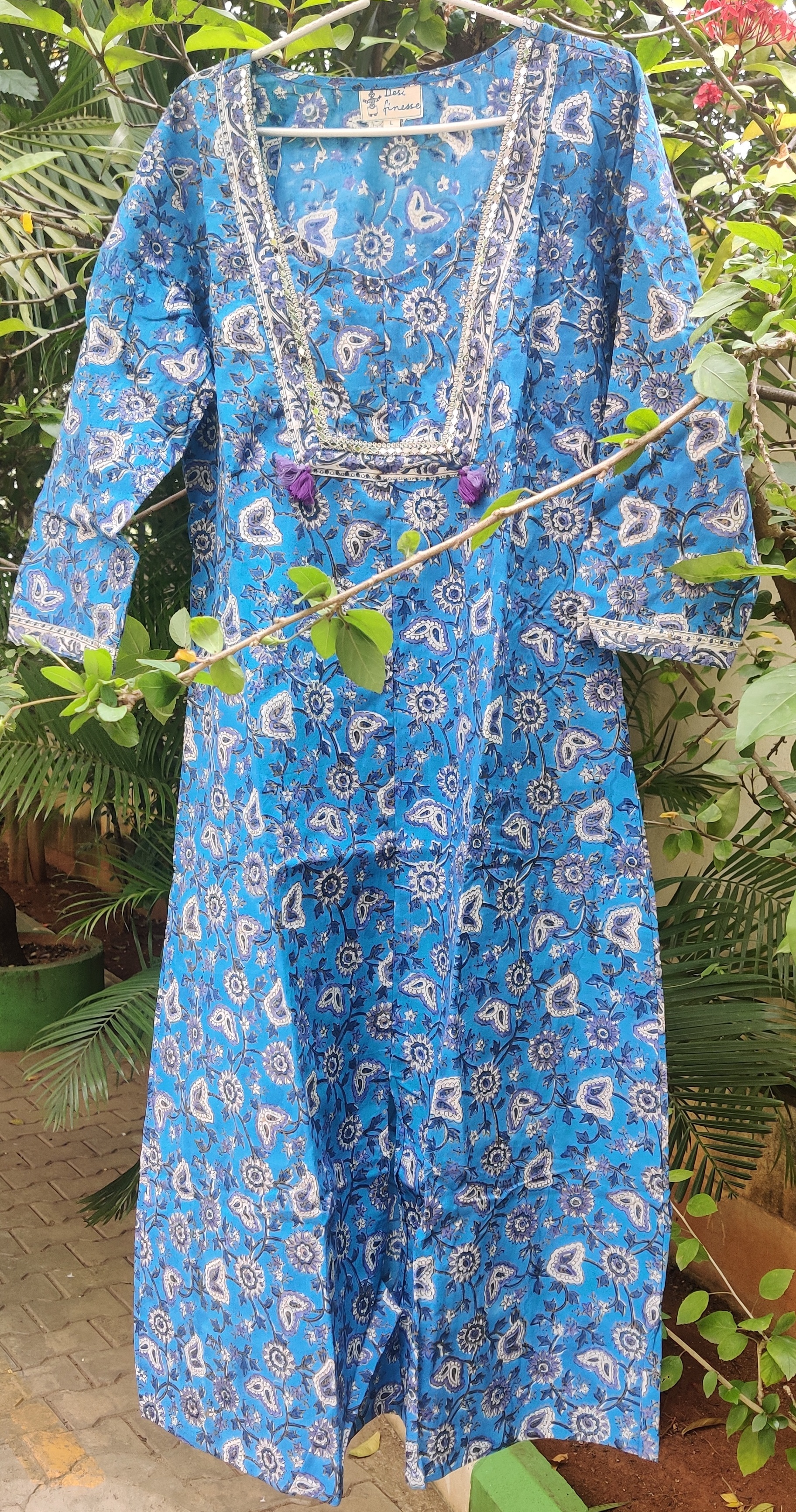 Blue Printed Long Kurti - Pure Cotton, Size [Xs-xl], Color: Printed Blue, Full Sleeves | Ethnic Wear For All Seasons And Age Groups, Customized Logo
