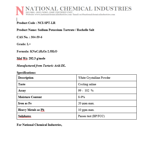 Potassium Sodium Tartrate L+ Grade - 282.1 G/mol, White Color, Non-flammable | Applications In Organic Synthesis, Electroplating, And Water Treatment