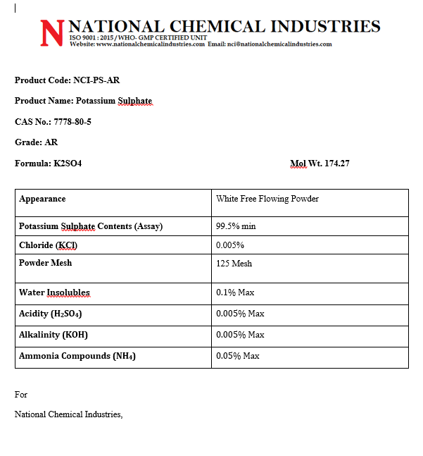 White Potassium Sulphate Ar Grade