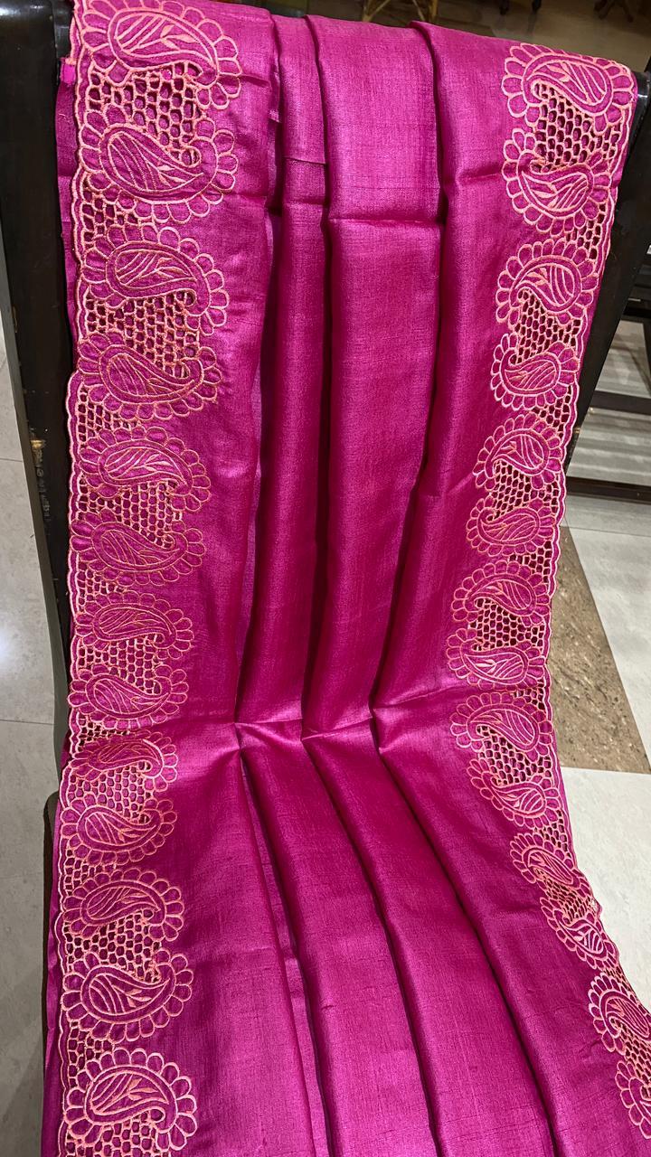 Party Wear Pure Tussar Silk Cut Work Saree With Running Blouse .