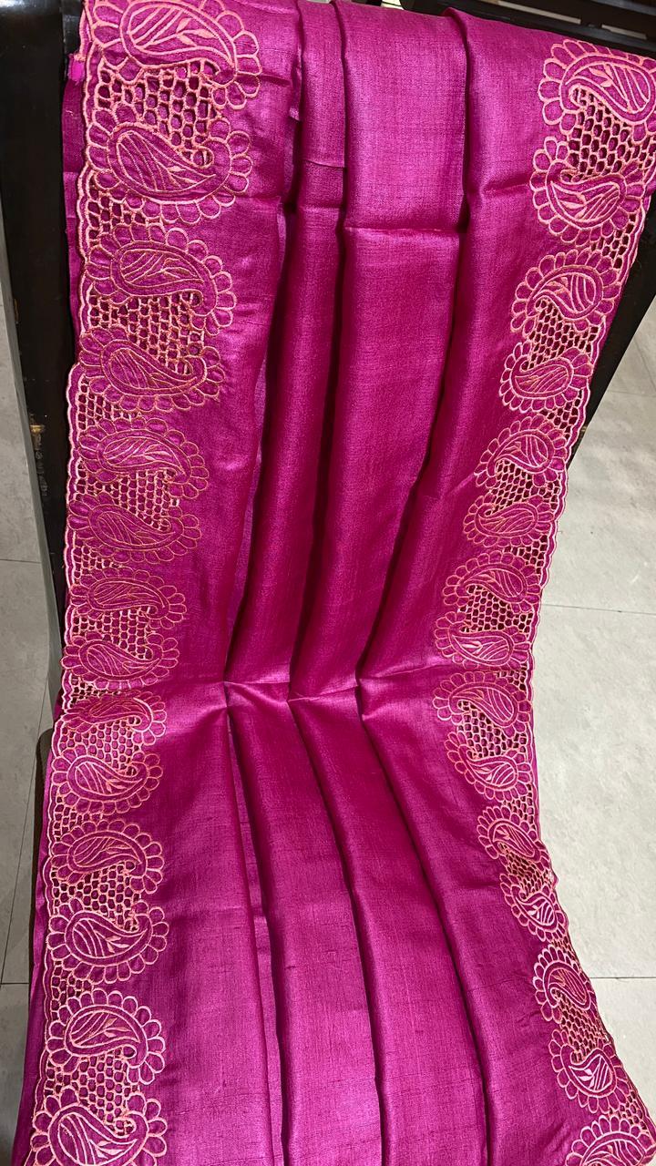 Party Wear Pure Tussar Silk Cut Work Saree With Running Blouse .